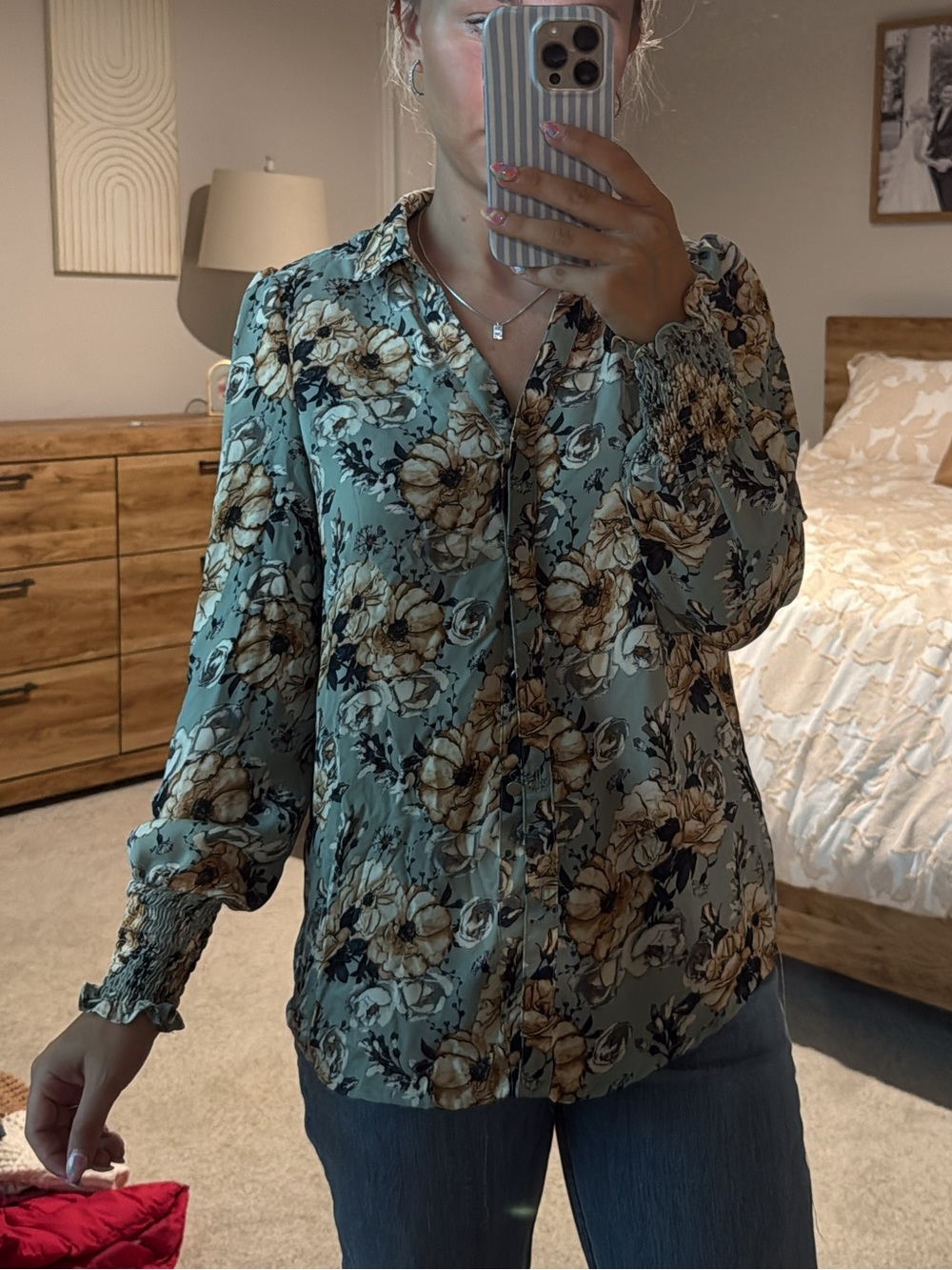 Floral Button-Front Blouse in Sage Green